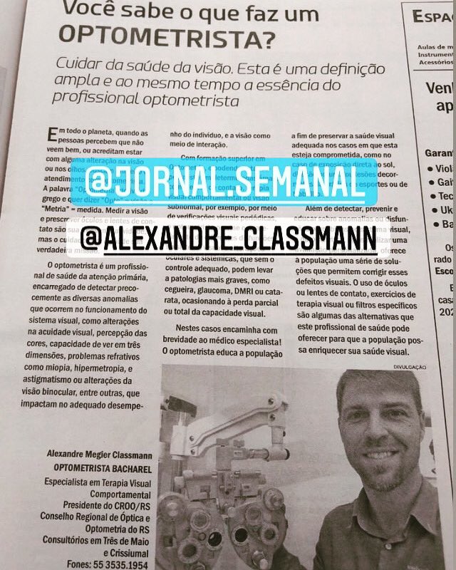 AleClassmann's tweet photo. 👀🤓 Matéria veiculada no Jornal Semanal desta última sexta-feira, 05/02, com informações sobre Saúde da Visão e o que faz o Optometrista!

#visão #optometria #saúdevisual #óculos #lentesdecontato #terapiavisual https://t.co/uCphaEVnvz