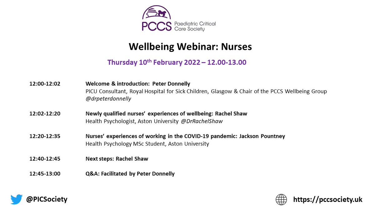Paediatric Critical Care Society (@picsociety) on Twitter photo Interested in the experiences of #nurses working in #PedsICU?  
Join us for the second in our series of #wellbeing webinars - Thursday 10th February 12.00-13.00
Free to join: us06web.zoom.us/webinar/regist…
Recordings available to PCCS members after the event pccsociety.uk Interested in the experiences of #nurses working in #PedsICU?  
Join us for the second in our series of #wellbeing webinars - Thursday 10th February 12.00-13.00
Free to join: us06web.zoom.us/webinar/regist…
Recordings available to PCCS members after the event pccsociety.uk