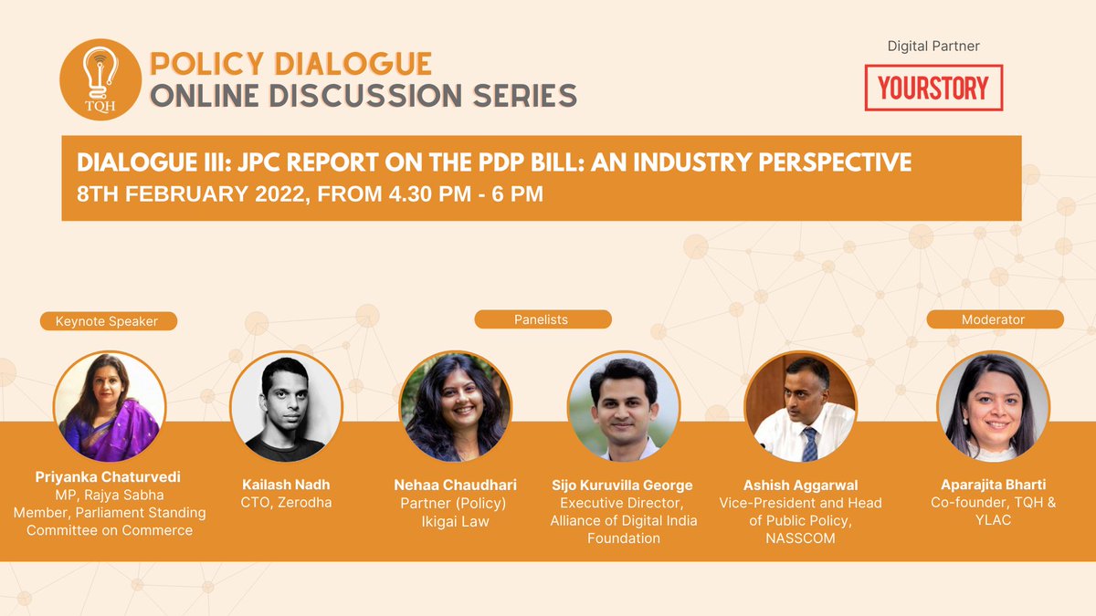We invite you to our #policydiscussion series on #PDP Bill. This panel will discuss key issues around the JPC report on #PDP bill from an industry perspective.
8 Feb 2022, 4.30-6 PM
Register here: lnkd.in/df9Xctif
@priyankac19 @AA_speaks @nehaachaudhari