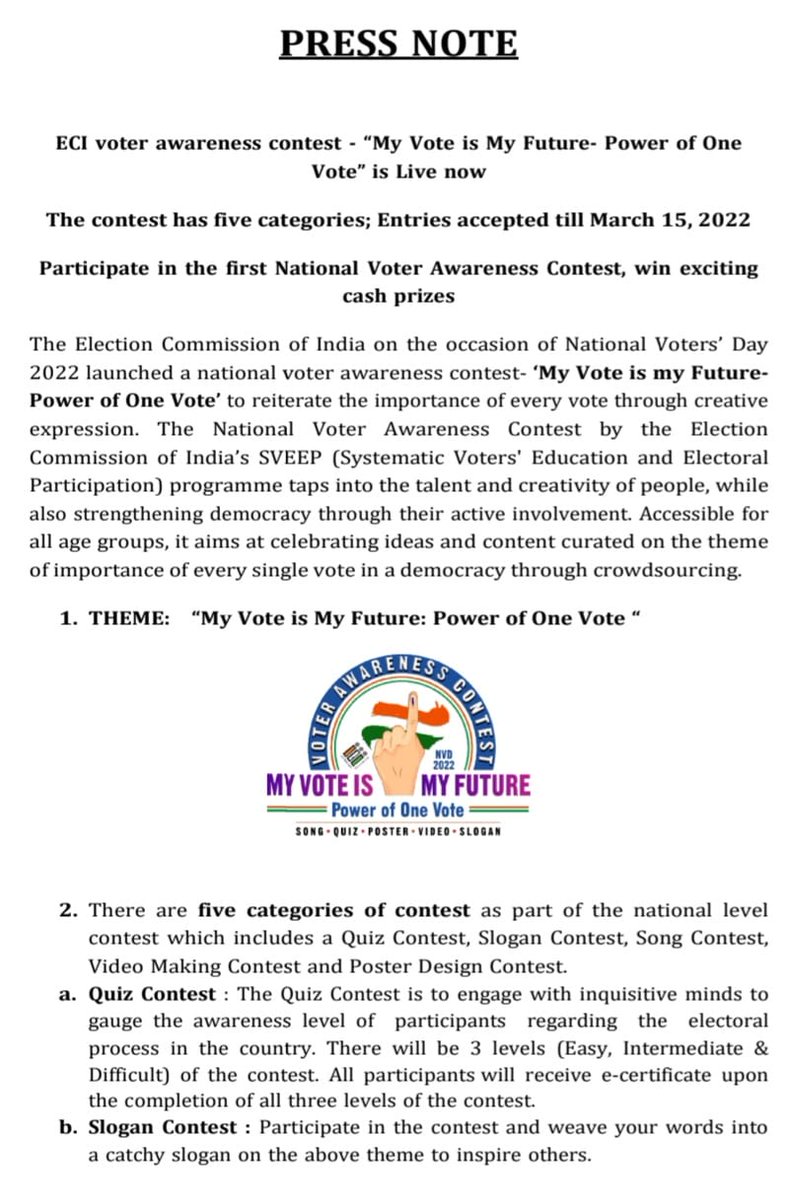 CeodelhiOffice's tweet photo. Voter Awareness Contest by Election Commission of India - Open for All ( Last Date: 15 March'2022)
@ceodelhioffice #eci
#voterawareness #votercontest #myvoteismyfuture #song #quiz #poster #video #slogan #chalovoterbanehum #novotertobeleftbehind #ecisveepvotercontest https://t.co/GJO9ihuaxI
