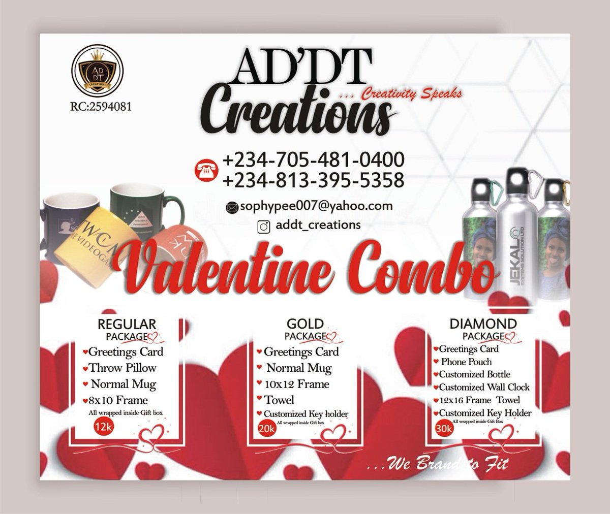 Addtcreations's tweet photo. Let me be your Valentine Combo sure plug.
Don't worry, we deliver anywhere.
#ADDT https://t.co/ulCXALiEK7