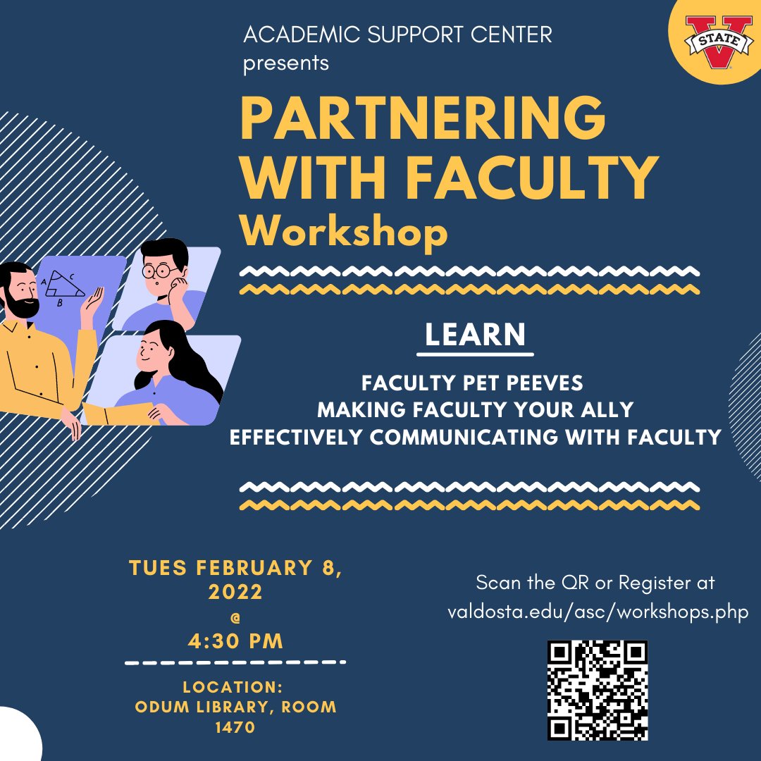 VsuAsc's tweet photo. Join us tomorrow, February 8th at 4:30 pm, for our workshop on Partnering with Faculty! VSU students can scan the QR code to register, or register at https://t.co/JexHBHNnge https://t.co/lmCxQNRpD7