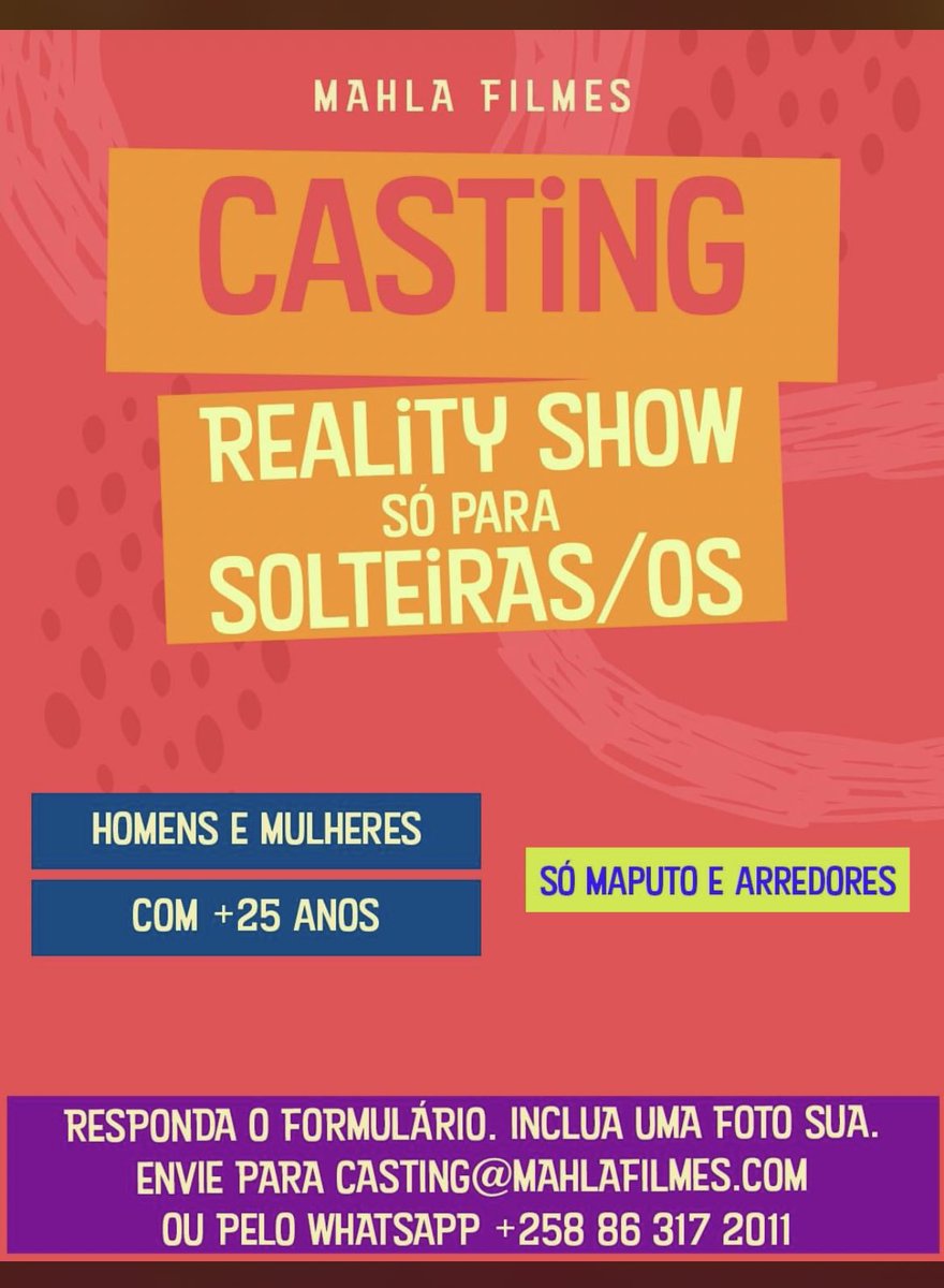 SuperFond's tweet photo. CASTING DATE MY FAMILY MZ
Queres participar do reality show de encontros de sucesso?
Esta é a tua oportunidade. Inscreve-te já!
Responda o formulário abaixo e envie para o Mahla Filmes pelo whatsapp 86 317 2011

@ManingueMagic é a nossa cena
DStv Família (503) e GOtv Max (19). https://t.co/a5YV4Cylzo