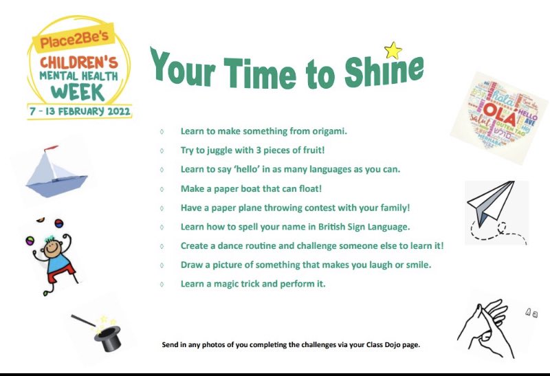 We kicked off Children's Mental Health Awareness week with music in the playground this morning - we hope we cheered you up on your Monday morning. Please see the following challenges to try at home.