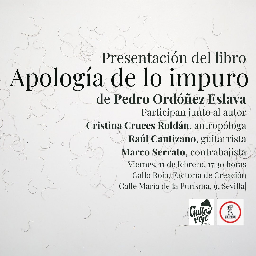 EL VIERNES, 11 de febrero a las 17:30h en <a href="/GalloRojo_ART/">gallorojo</a> presentamos el libro 'Apología de lo impuro' de @musicasHoy  , además del autor y la antropóloga Cristina Cruces Roldán participan lxs músicxs <a href="/raulcantizano/">raulcantizano</a> , guitarrista, y Marco Serrato, contrabajista.