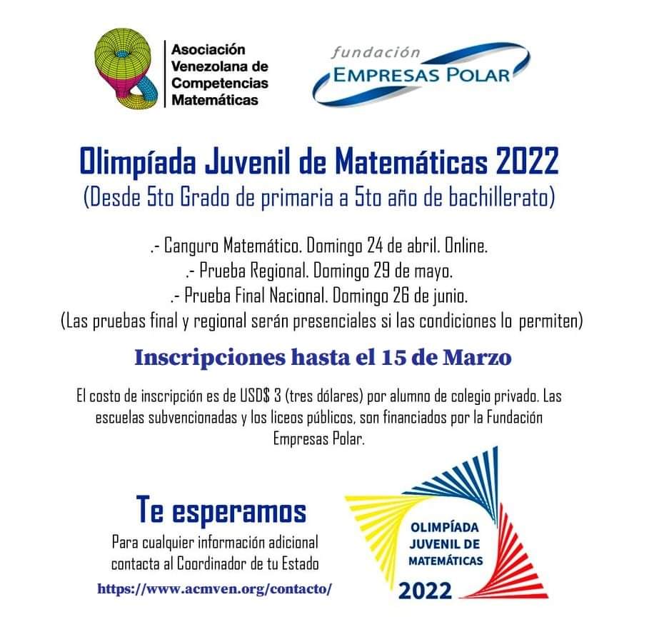 matevinotinto's tweet photo. Se extienden las inscripciones hasta el 15 de Marzo. No te pierdas participar en la mayor competencia de matemáticas del mundo: La Prueba Canguro. Participa en la Olimpiada Juvenil de Matemática 2022, de 5to grado hasta 5to año. https://t.co/ZnFTNyc0hb