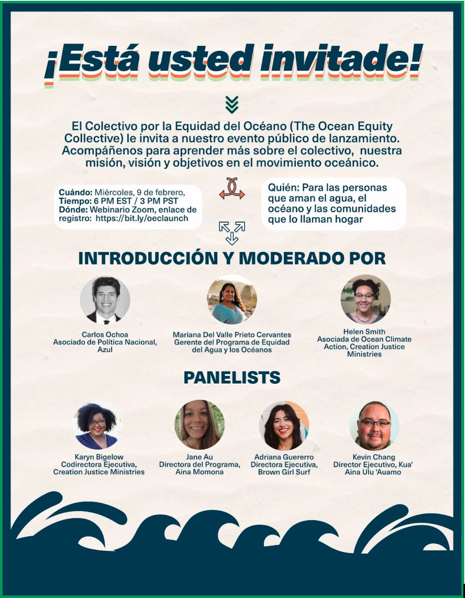 GreenLatinos's tweet image. SAVE THE DATE: @oceanequityco is holding their public launch Feb. 9th 6:00 EST!  Come join and learn more about their holistic approach to #oceanprotections, #conservation and enjoyment. #OceanAccess #OceanEquityCollective 🌊✨🌊✨
Register ➡️ bit.ly/oeclaunch