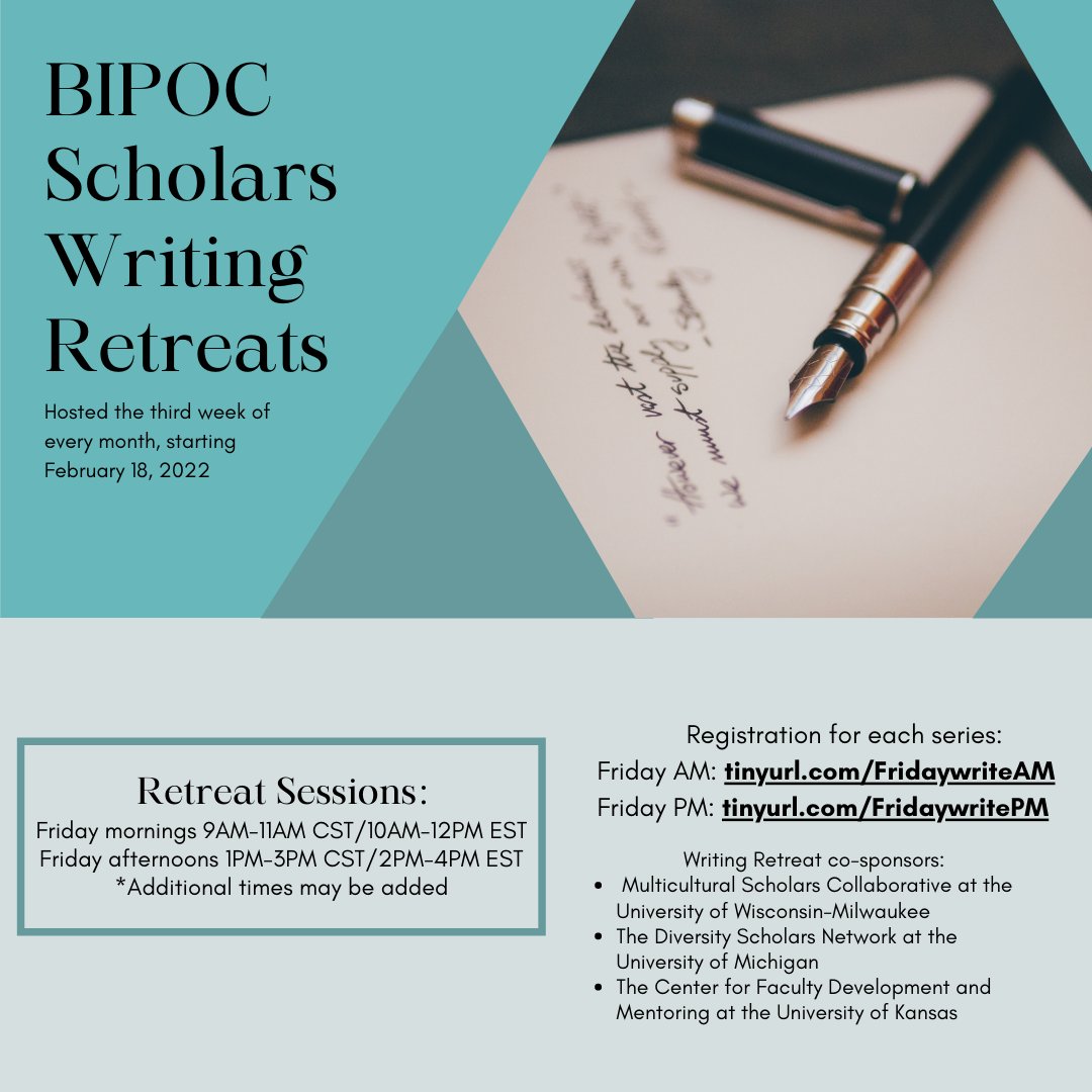 uwm_msc's tweet image. Join scholars across multiple institutions toward productive third Fridays! Sign up for one series or both (Thursday morning series forthcoming). Friday am: tinyurl.com/FridaywriteAM; Friday pm: tinyurl.com/FridaywritePM #UWMmsc #BIPOCscholarswrite