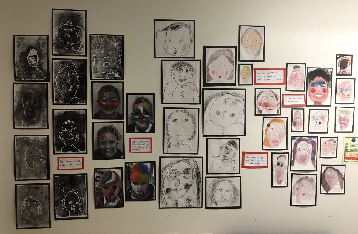 MrsDuffus's tweet photo. So this is the fantastic portrait work by P2/3! We spent each weekly art lesson exploring portraiture through a range of media including printmaking, charcoal, oil pastel, pencil and watercolour. I love them! 🥰@school_seaton https://t.co/1hXGE6dtfu