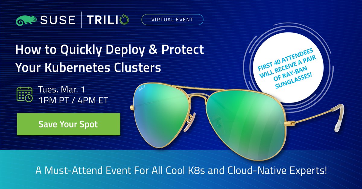 triliodata's tweet photo. The 2022 outlook for #Kubernetes is bright... so bright you'll have to wear shades! Join Trilio and SUSE to discuss the future of Kubernetes adoption and how to leverage this #opensource platform to be more #agile. #cloudnative #dataprotection https://t.co/GmwsnazMLn https://t.co/m4N31GSzwN