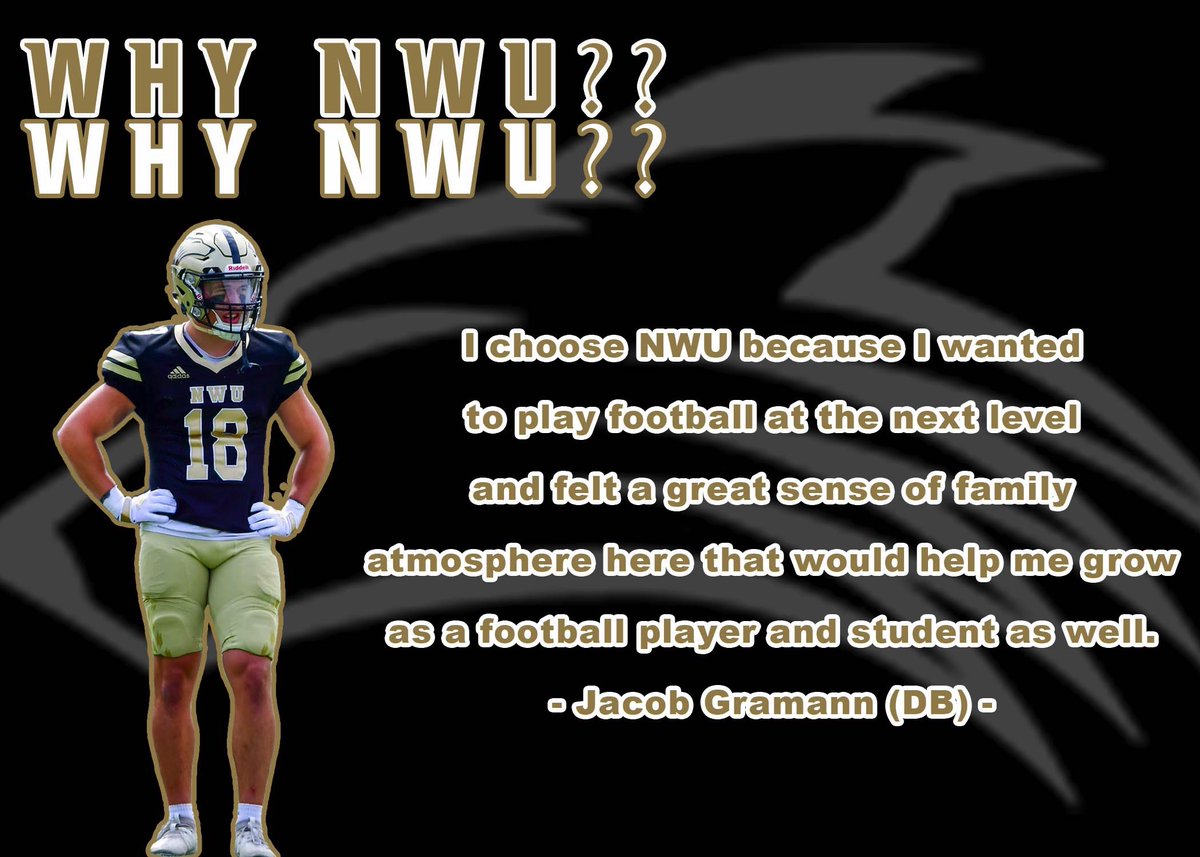 NWUFootball's tweet photo. 🚨 Series Alert 🚨

⚫️🟡 WHY NWU?? 🟡⚫️

Starting the week off with Senior Defensive Back Jacob Gramann ‼️

#PWolfNation #BeTheAlpha #TBL https://t.co/uo5POTksNt
