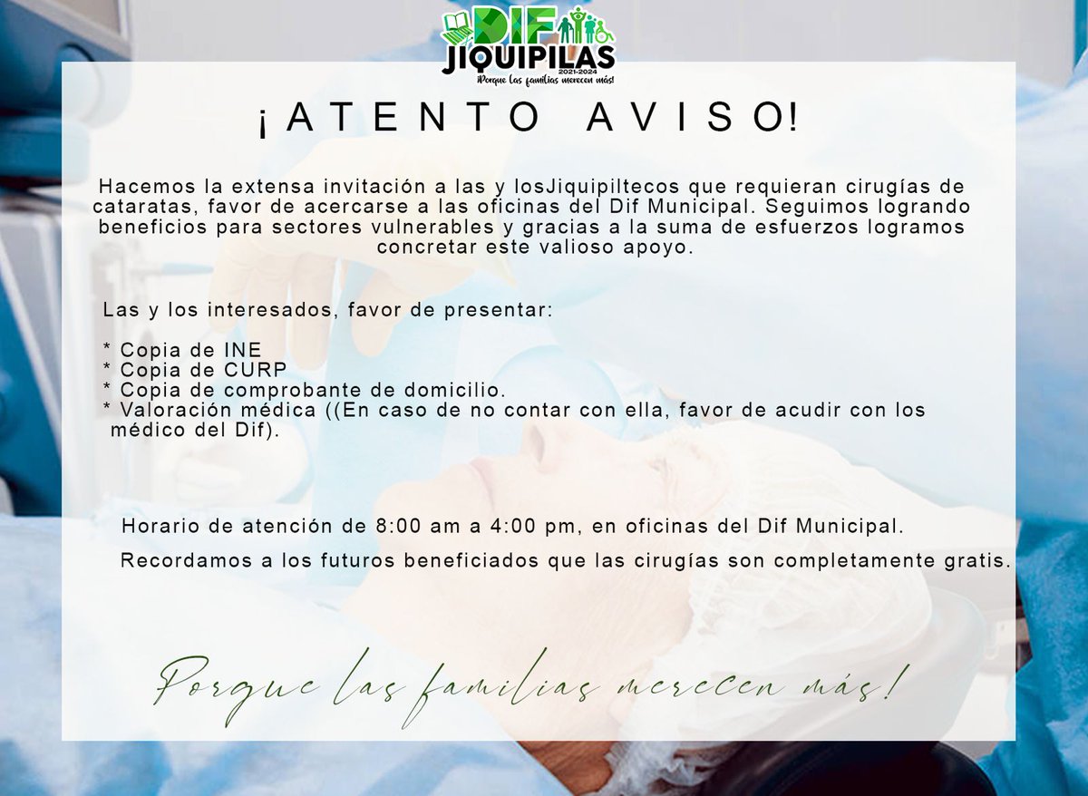 Cintalapanecos's tweet photo. ¡Atento aviso!
Aprovecha esta gran oportunidad de mejorar tus condiciones visuales con cirugías de cataratas completamente gratis.
Asiste a las oficinas del DIF Jiquipilas, cumple con los requisitos y de un beneficiado más.
Porque tú salud merece más https://t.co/awVRJIjumi