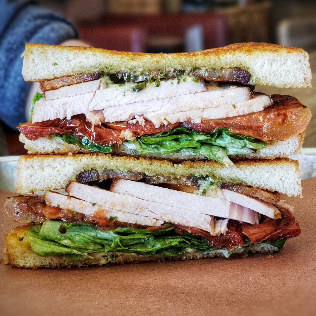 Today's beastwich is the Back Door BBQ Club! Smoked turkey, crispy pork belly, smoked tomatoes, lettuce, red onion, and basil mayo on Texas toast!