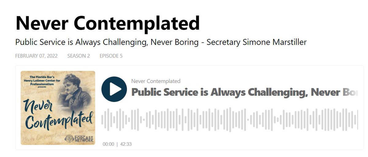 FLBarCFP's tweet photo. We have an early Valentine's treat for you! 

#NeverContemplated featuring Secretary @SMarstiller dropped today. Enjoy the listen (and free CLE credit)! #PublicService @TheFlaBar @JudgeDesai 

https://t.co/7XhgKPOOSM https://t.co/5g2J95FnC4