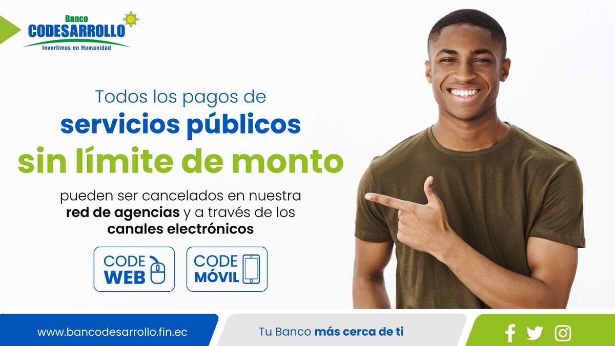 BanCodesarrollo's tweet image. 👉 Amigos, les recordamos que todos los pagos correspondientes a servicios públicos SIN LÍMITE DE MONTO pueden ser cancelados en nuestra red de agencias a nivel nacional bit.ly/3w3OKqP y a través de los canales electrónicos #CodeWeb y #CodeMóvil 
#TuBancoMásCercaDeTi