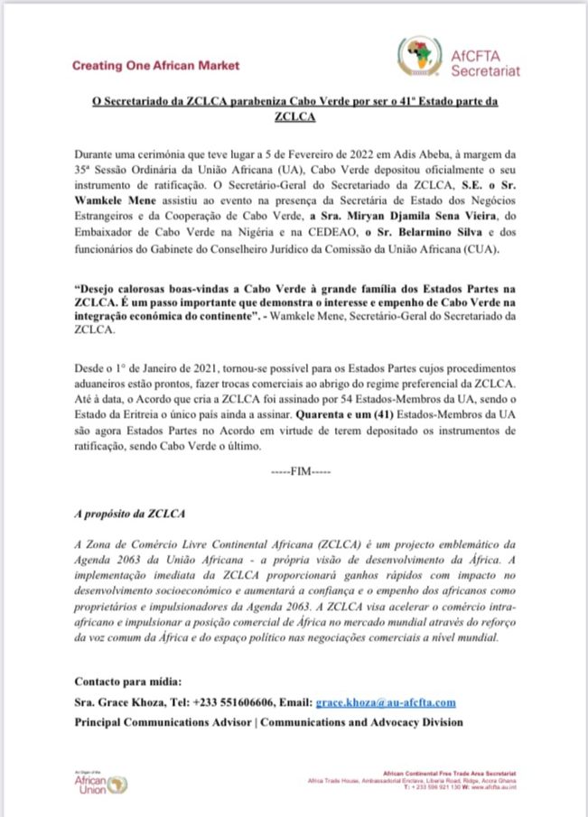 SP_AfCFTA's tweet photo. Congratulations to Cabo Verde for becoming the 41st State Party of the #AfCFTA by depositing its instrument of ratification on 5th February 2022.
#caboverde 
#CreatingOneAfricanMarket 
#trade 
#africa 
#singlemarket
@AfCFTA @MeneWamkele https://t.co/5ljEYdrvAS