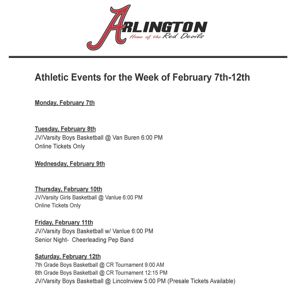 RedDevilAthl's tweet photo. Weekly Athletic Events for the Red Devils https://t.co/EJcwcq90tG