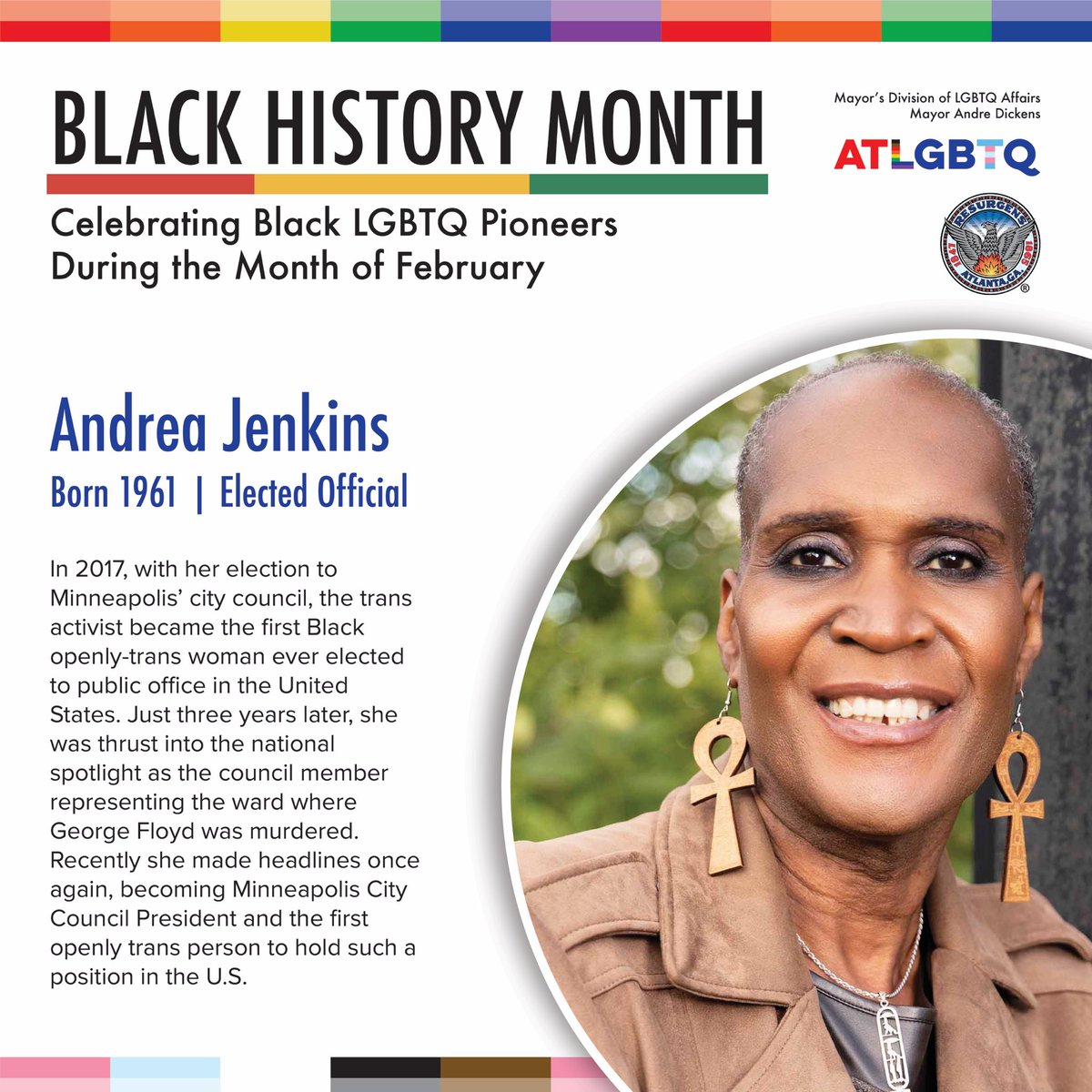 COALGBTQ's tweet photo. Today’s Black History Month pioneer is Andrea Jenkins. 

@andreaforward8 made history as the first Black, openly-trans woman to be elected to office in the U.S. Earlier this year, she made history again by becoming the first and only openly-trans city council President. https://t.co/03xOhndam4