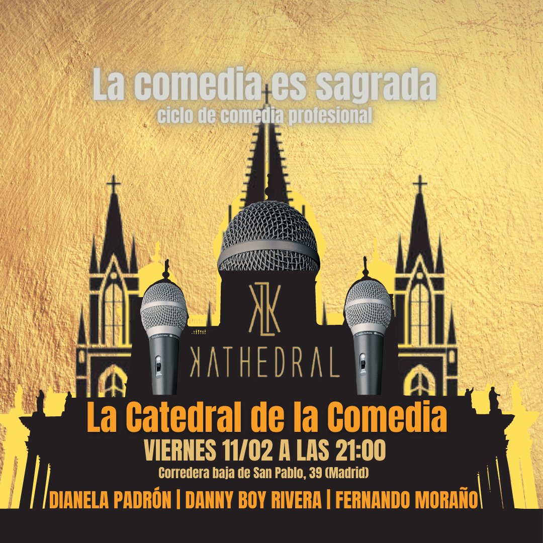 MORYEAR's tweet photo. Este viernes  estrenamos sala y espectáculo: La Catedral de la Comedia.

Donde oficiarán la ceremonia : la Papisa mamasita Dianela Padrón, él ex-Testigo de Jehová Dani Boy y un servidor del Caxondeus.

ENTRADAS Y HORARIOS:
https://t.co/Nz76QpPohR https://t.co/8Paov6zC3C