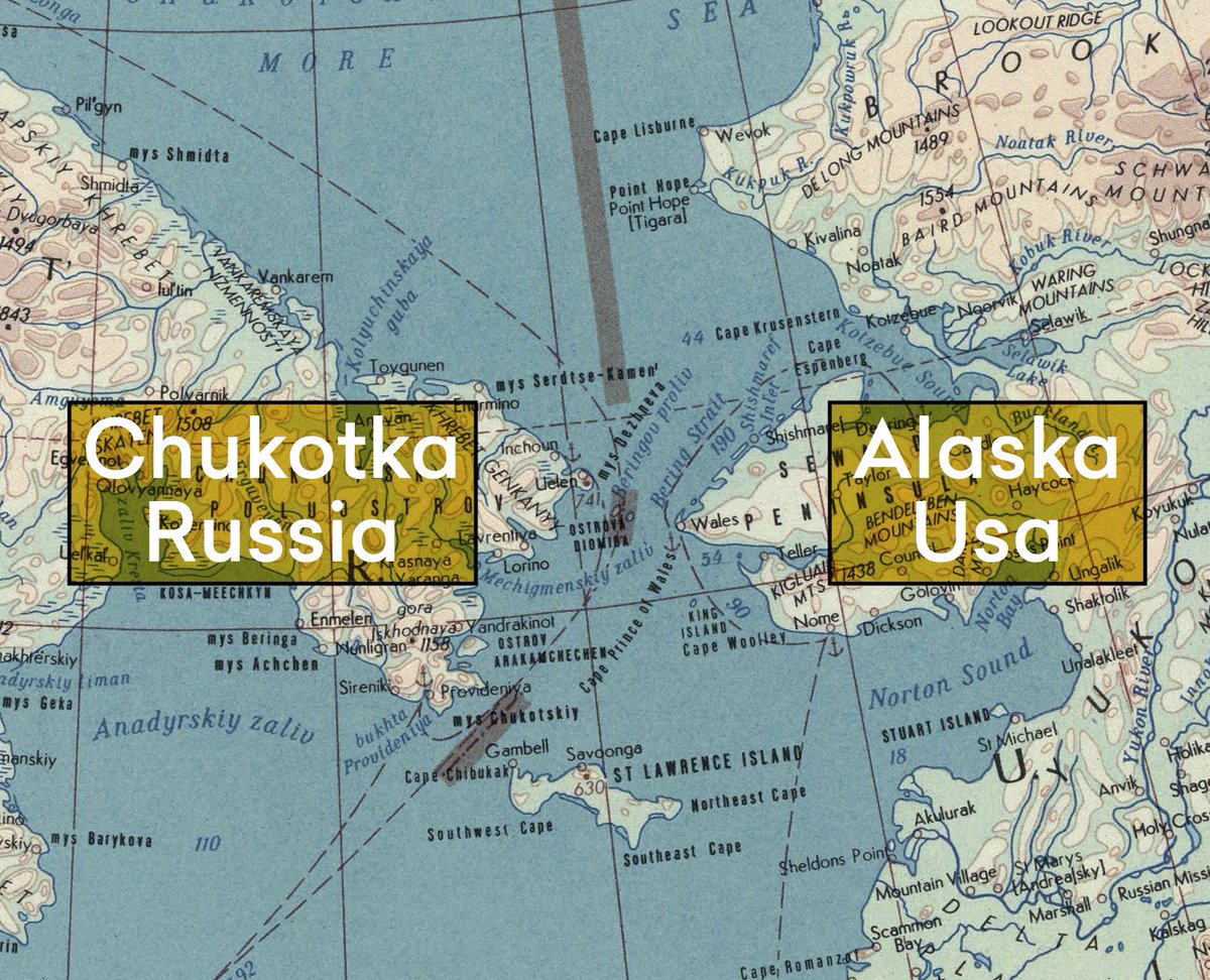 Mottostv's tweet photo. The shortest distance between Russia and Alaska is roughly 55 miles. Due to time zone differences, it can be Sunday in Alaska while it's Monday in Russia.

This short distance between the two continents is called the Bering Strait. #RussiaUkraine #russia #USA #America #Bering https://t.co/XFjovlrDGK