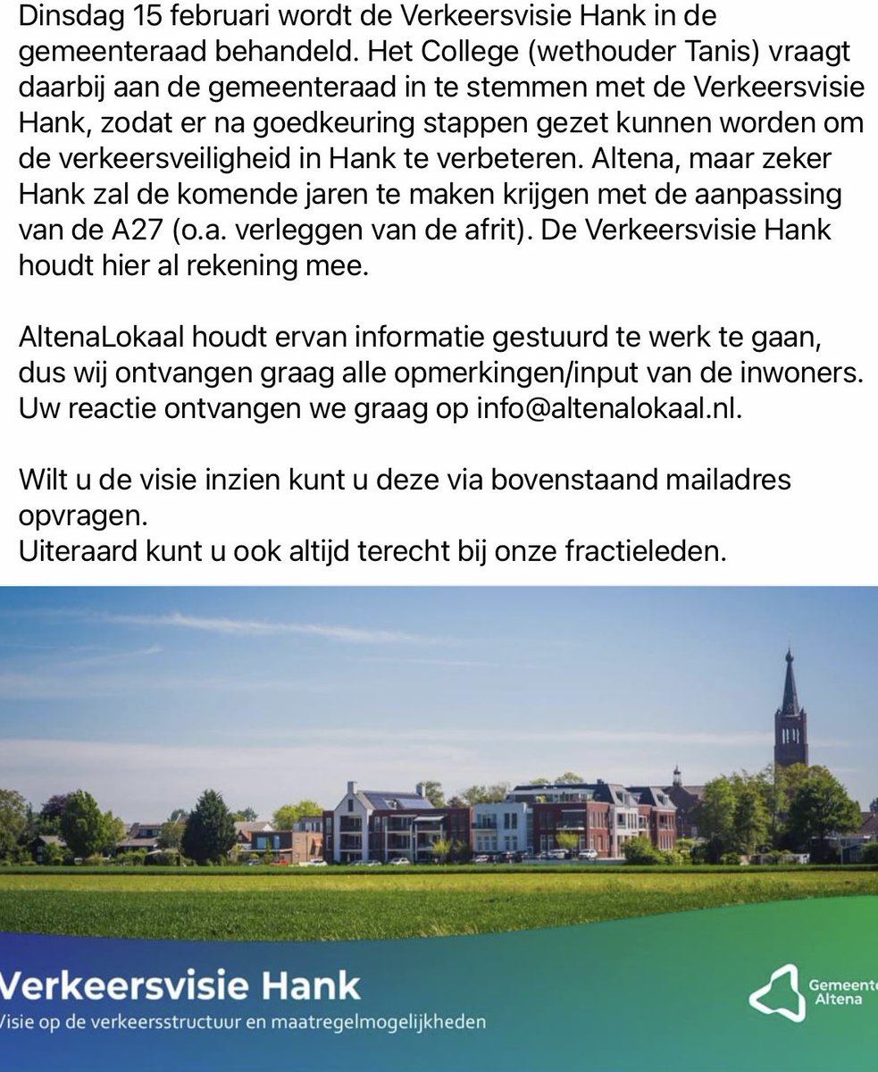 Verkeersvisie #Hank op de agenda van de gemeenteraad <a href="/gemeentealtena/">Gemeente Altena</a>. Reageren naar AltenaLokaal kan, graag zelfs!
Samen maken we er werk van!