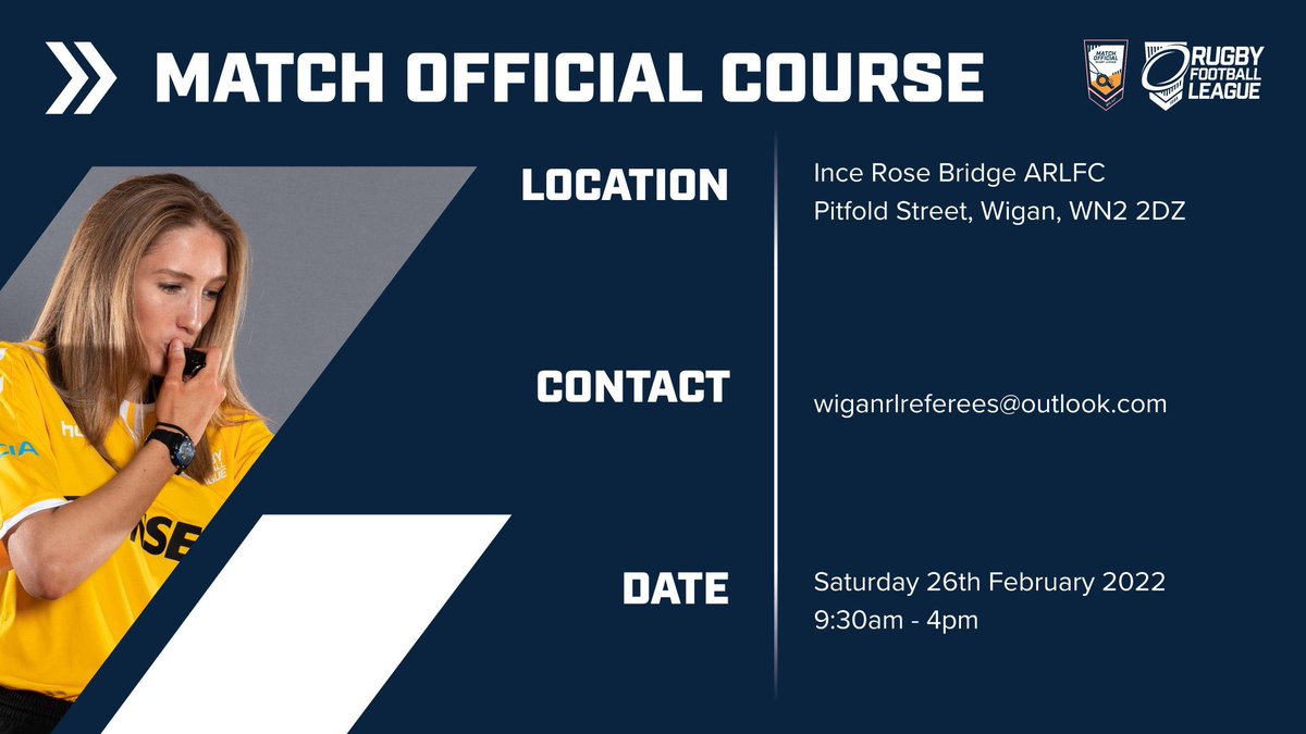 🏉 Still time to book your place on our upcoming Match Official Course. Contact wiganrlreferees@outlook.com with any questions or to register your interest.