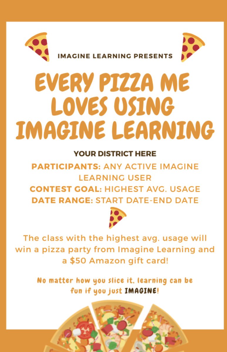 🗣 Attention all Imagine Learning customers: 

Looking to increase student engagement and usage? Reach out to your NC team for a customized contest specifically for your school or district.

🍕🍕🍕 Every Pizza Me Loves Imagine Learning 🍕🍕🍕 

<a href="/LydiaDAngeloNC/">Lydia D'Angelo M. Ed.</a>