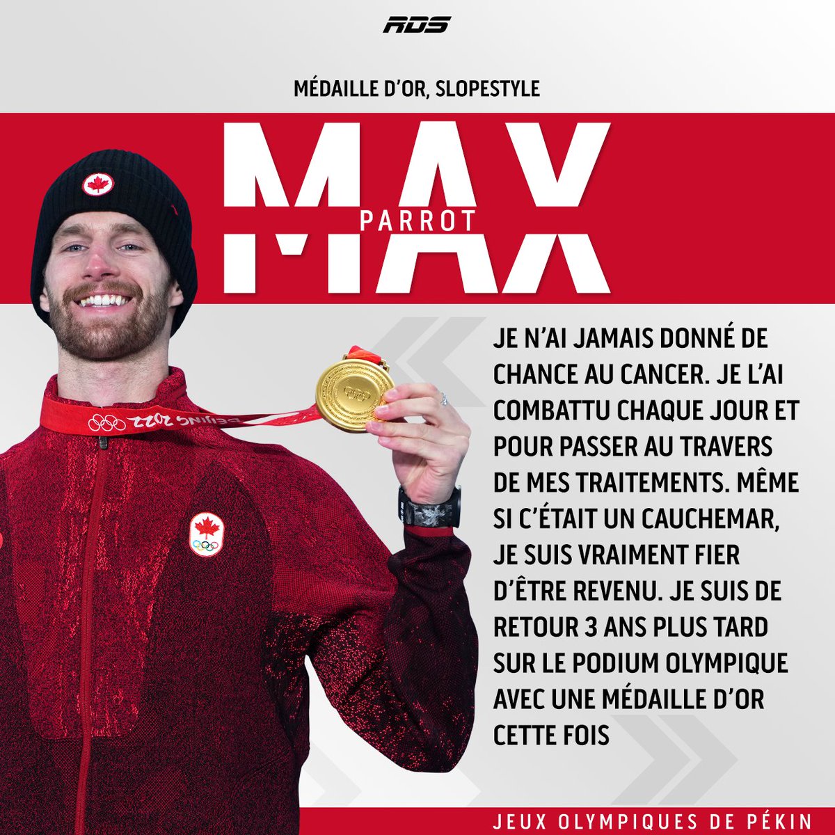 RDSca's tweet photo. Une médaille d’or olympique est toujours significative pour un athlète, mais force est d’admettre que celle obtenue par @MaxParrot en slopestyle aux Jeux olympiques de Pékin a une valeur inestimable. 🙌 https://t.co/WyjfLOfXgt