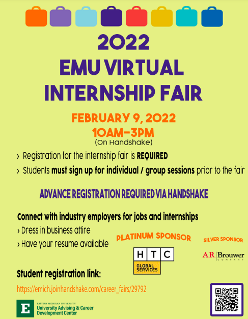 EasternMichU's tweet photo. The EMU Virtual Internship Fair is from 10 a.m.- 3 p.m. on Feb. 9 via Handshake featuring 40+ employers. All students must register and sign up for employer sessions on Handshake prior to the event. Visit 
https://t.co/hlG7IttrYq for more information. #TRUEMU https://t.co/OPgpCOtGYo