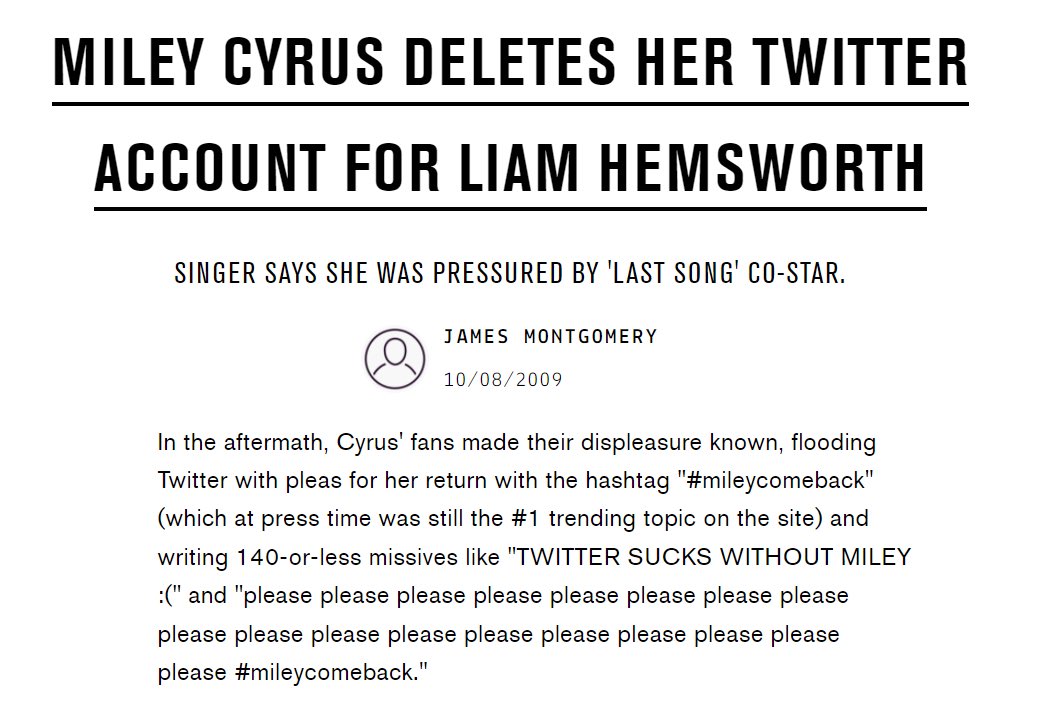 theanniverse's tweet photo. Ad ottobre Miley cancellava il suo Twitter acc. “Per farvi sapere Liam non ha Twitter e vuole che io cancelli il mio per un ben motivo” ha detto addio con un rap e il dramma è stato tale che anche katy perry voleva che tornasse e ha fatto tendenza con l'hashtag #mileycomeback https://t.co/MdF1syIWmq