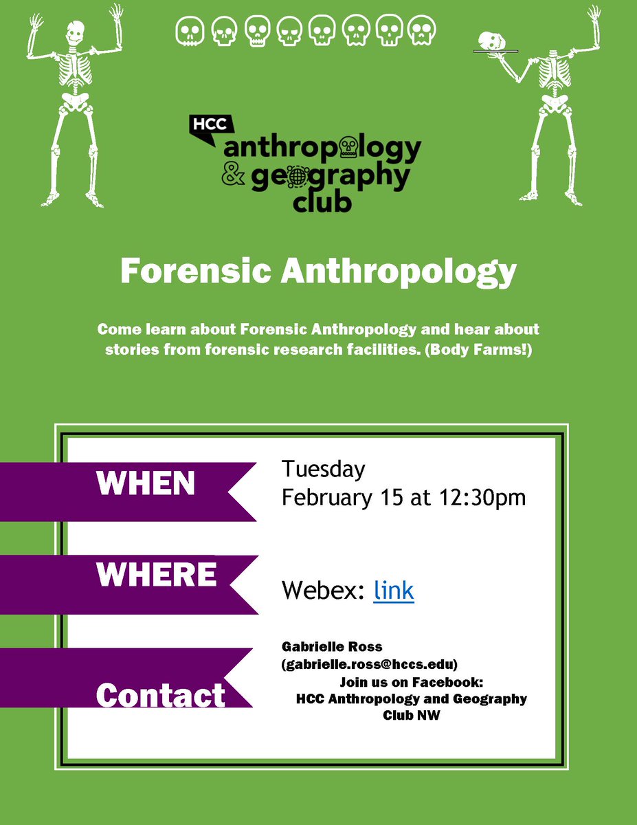 HCCAnthGeog's tweet photo. Tuesday Feb, 15 at 12:30, join us for a talk on forensic anthropology. Link to the online virtual meeting
https://t.co/HizMFlNCEr
#forensicanthropology #anthropology https://t.co/N0YdSxLE8W