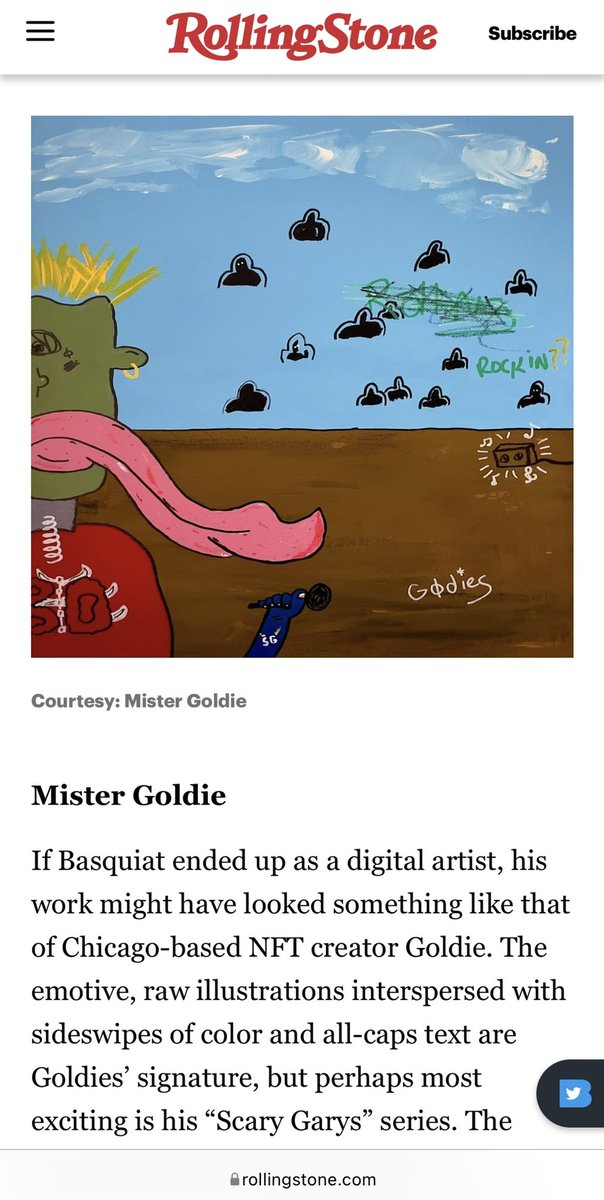 im_not_art's tweet image. ✨Looks like we’re not the only ones hyped for the launch of Scary Garys!

Huge shout out to @RollingStone for the feature 🙌🏼 

GRAB YOURS TOMORROW FEBRUARY 8TH‼️

⬇️ MINT DETAILS ⬇️

WHITELIST MINT👉🏼 9am CT ⏰
PUBLIC MINT 👉🏼 5pm CT ⏰

rollingstone.com/culture/cultur…