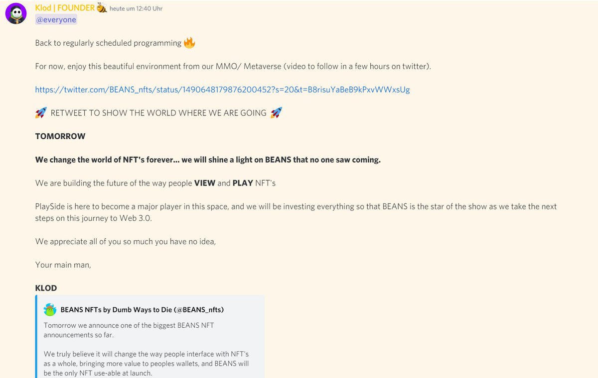 SatoshiOwl's tweet image. Everyone in #NFTs - check this out 👇

🚨 MEGA BIG ANNOUNCEMENT COMING TOMORROW by @BEANS_nfts!!

"announcing something truly groundbreaking" 
"building the future of the way people VIEW and PLAY NFT's"

👉 opensea.io/collection/bea…

#NFT #NFTs #NFTGame #opensea #OpenSeaNFT #BEANS