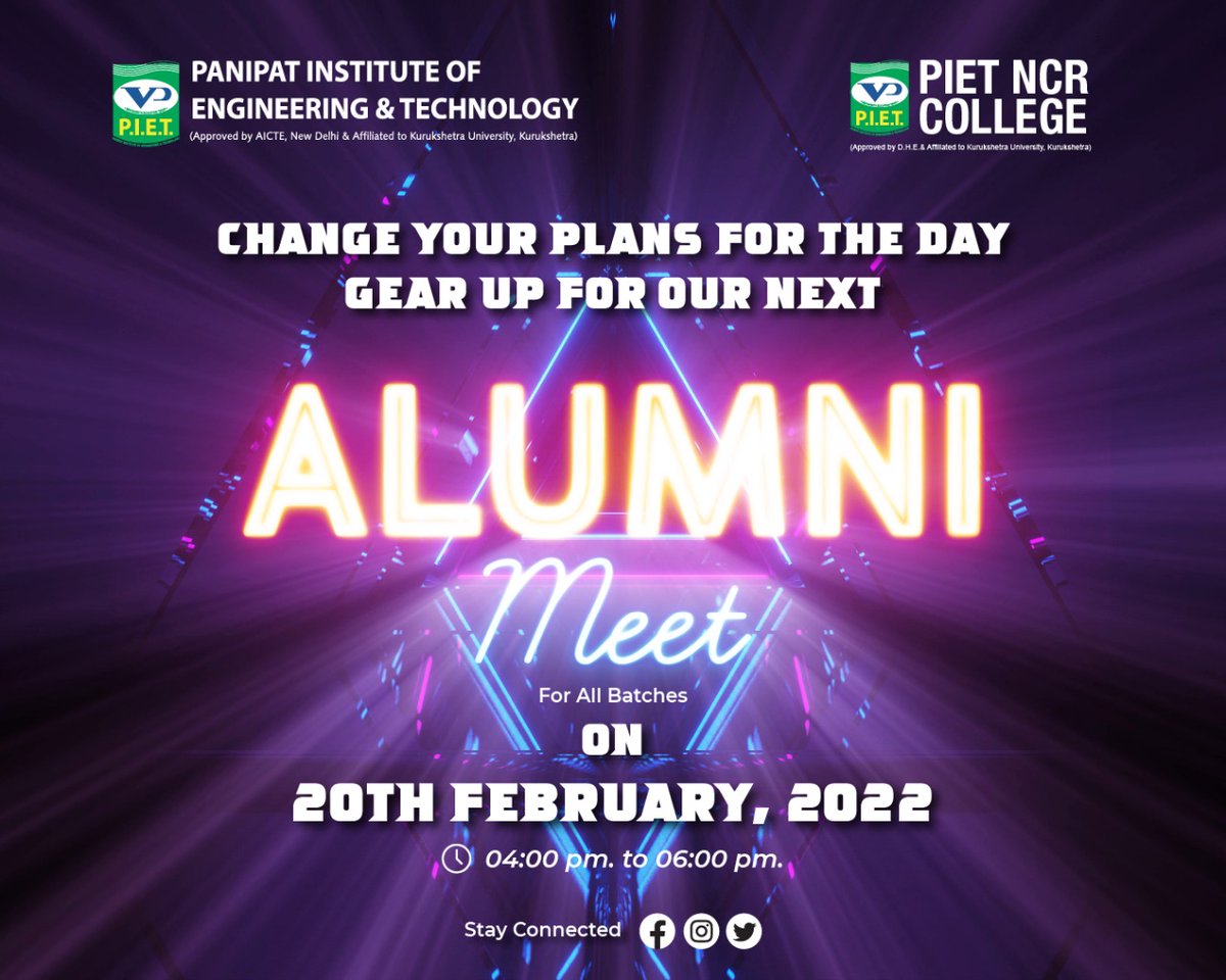 PIETPanipat's tweet photo. We may be far apart but the bond between a student and an alma mater never change.
Let's join together on 20th February 2022 and celebrate a day with all the long lost friends you must have missed for long!
#AlumniMeet2022 #Alumni #PIETalumni2022 #PietAlumni https://t.co/2oIoDlByGw