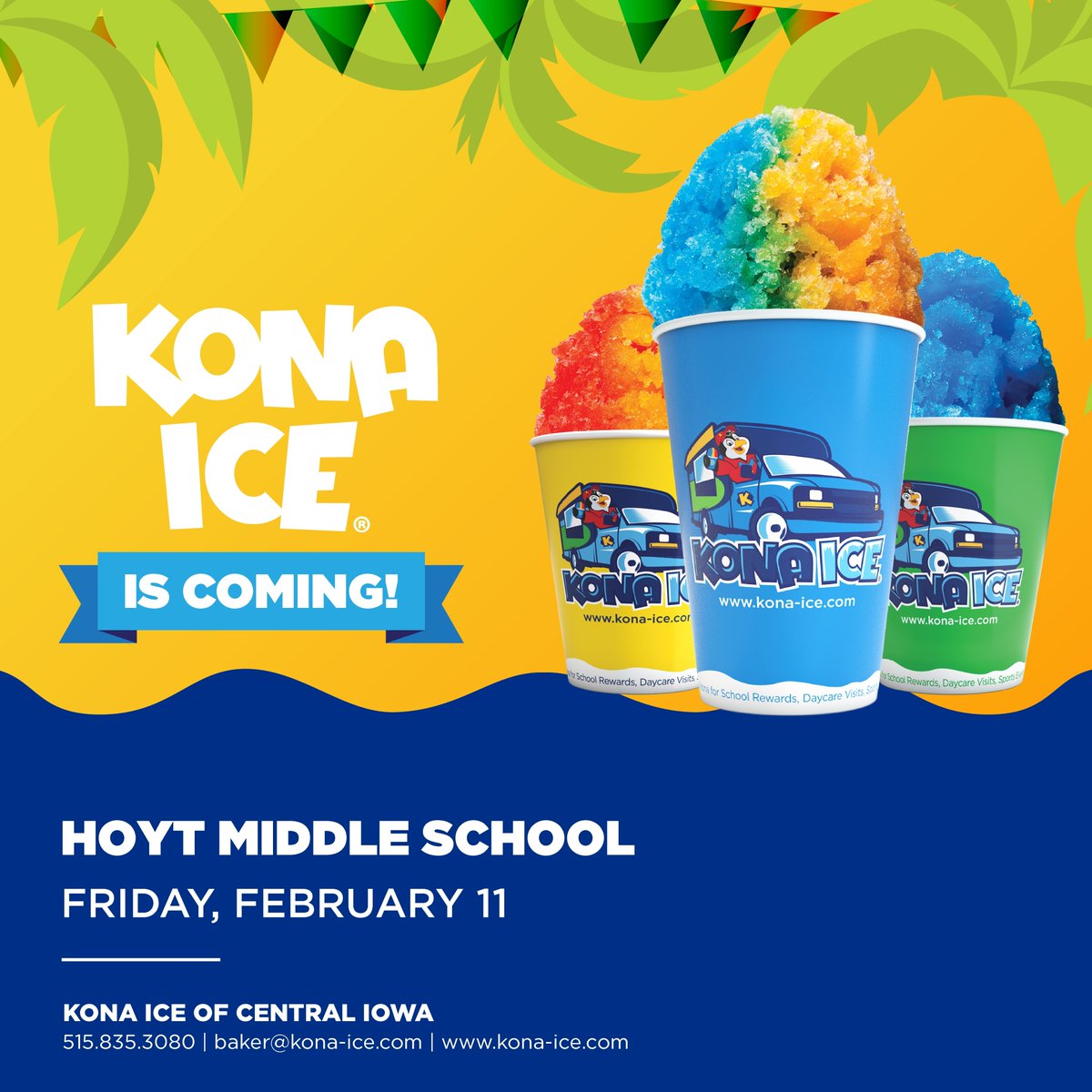 HoytMS's tweet photo. Kona ICE coming to Hoyt Middle School this Friday, February 11th.  Students may bring $5 cash with them or pay conveniently online at https://t.co/VXVNIq7YVl.  Use school code: F0080132 and can pay one time or $20 for the remainder of the year.  Kona gives 20% of sales to Hoyt! https://t.co/AQzhZ3vy6M