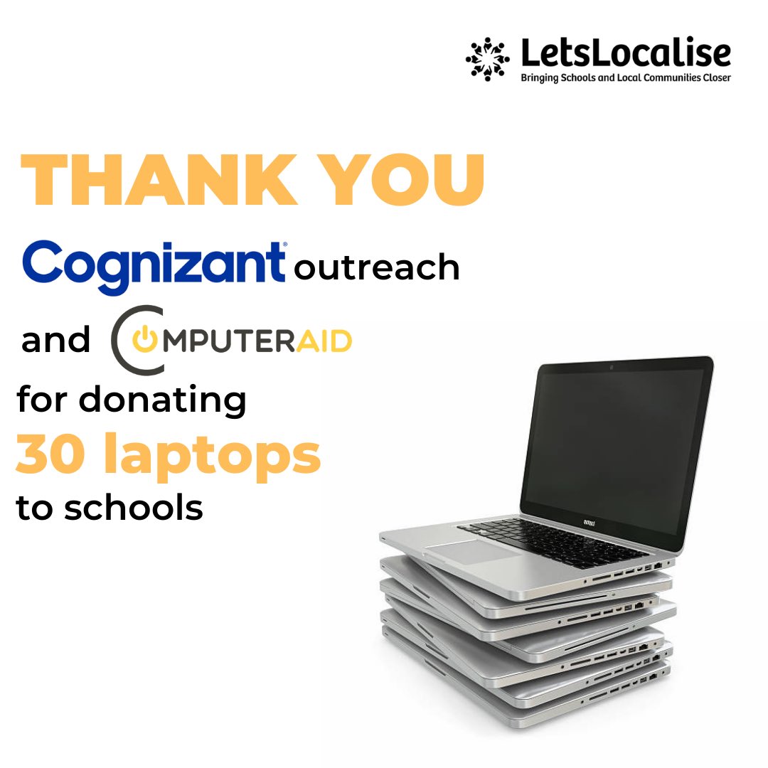 LetsLocalise's tweet photo. Thank you, @Cognizant and @Computer_Aid for your generous contribution to schools. The students will definitely make the best use of it!
#LetsLocaliseCommunity #Laptops #Donation #UKEdChat #EduChat @boothstownhf @HughMyddelton @boutchercofe https://t.co/yvsFu9nAXx