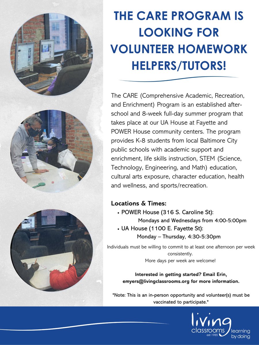 Happy Monday, everyone!

CARE gives students access to a safe space to learn, grow and create new experiences after school and in the summer months. CARE also provides academic assistance &amp; extracurricular exploration. #Baltimore #volunteering