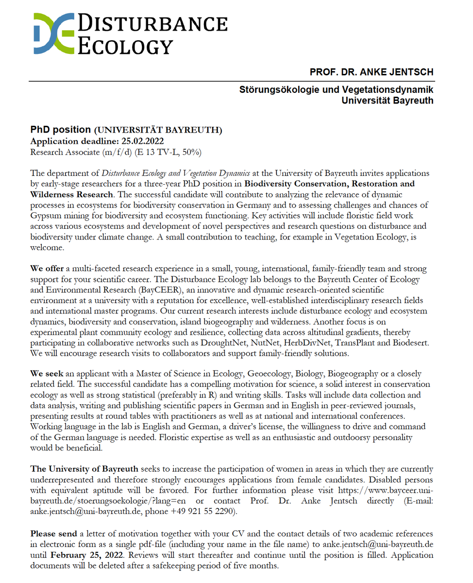 DisturbanceEco1's tweet photo. Prof Jentsch lab is recruiting a PhD candidate to work on Biodiversity, Conservation, Restoration and Wilderness Research. details attached #biodiversity  #conservation  #restoration  #Vegetation  #Ecology  #plants  #AcademicTwitter  #PhDposition  #phdlife 
@unibt @bay_ceer https://t.co/gUx4O4eCCt