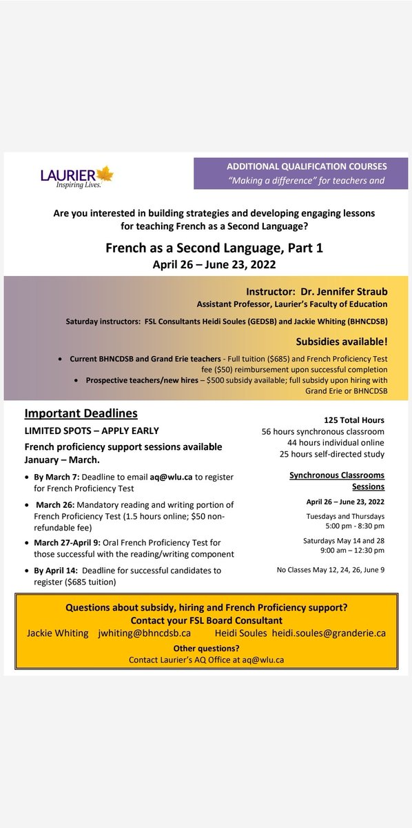 MmeSoules's tweet photo. 📢 Come join the #FSL team @GEDSB!  We are offering subsidies and support to take your FSL Part 1 AQ through @LaurierEdu this spring. https://t.co/TVeyQTTYUy