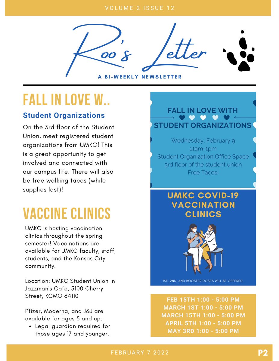 UMKCStudentGov's tweet photo. Happy Monday roos!! ☀️ Check out our February newsletter, filled with new events happening on campus, @umkc_vsa Lunar New Year’s event🧧, and our Bloch senators spotlight! 😊✨

- Check your emails for the PDF version, with clickable links.

1/2 https://t.co/dteTtr9o4g