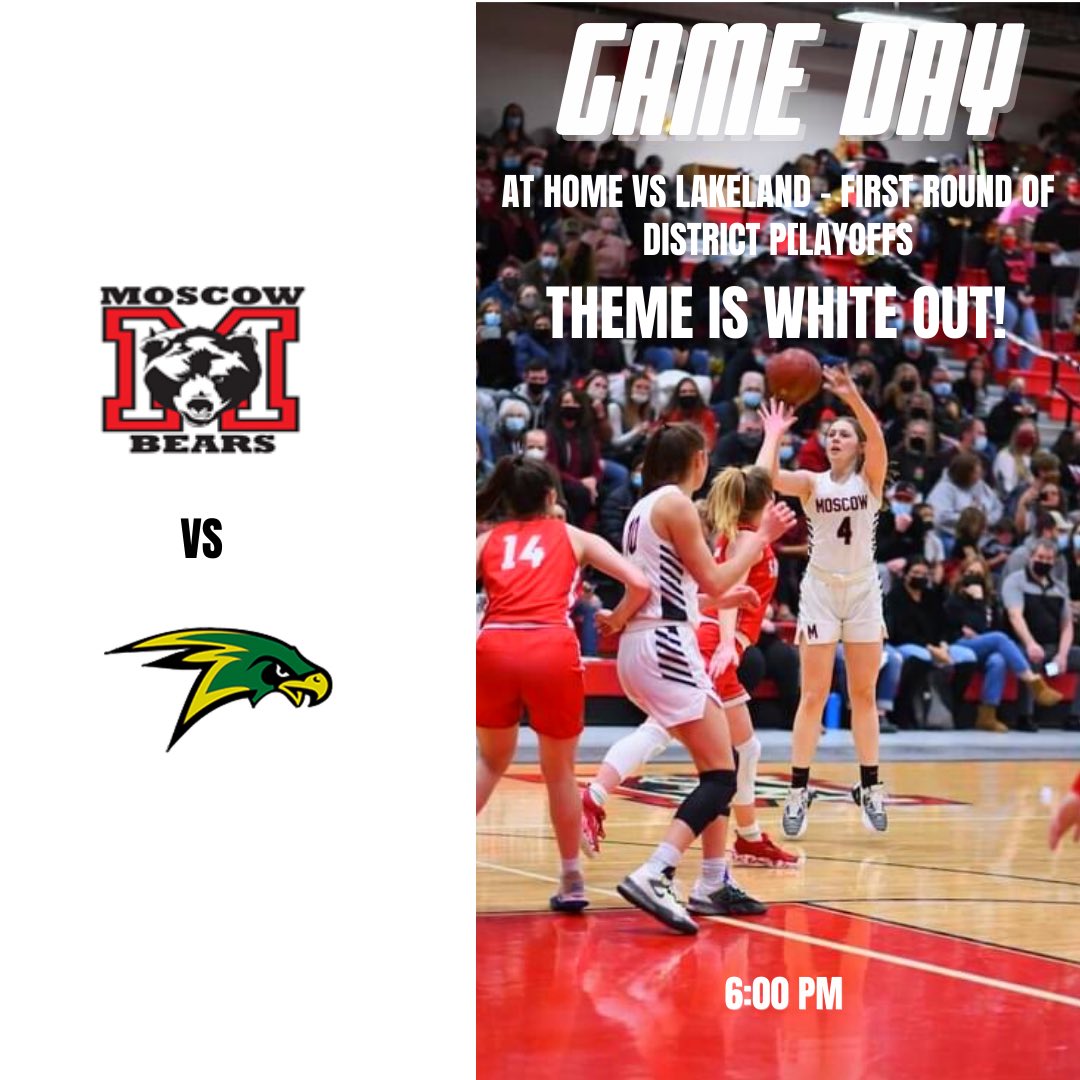 Playoff time!

🆚: Lakeland, (ID)
📍: Moscow, ID
🏟: Bear Den
🕕: 6:00pm (PT)
💻: nfhsnetwork.com

#GoBears🐻🏀❤️