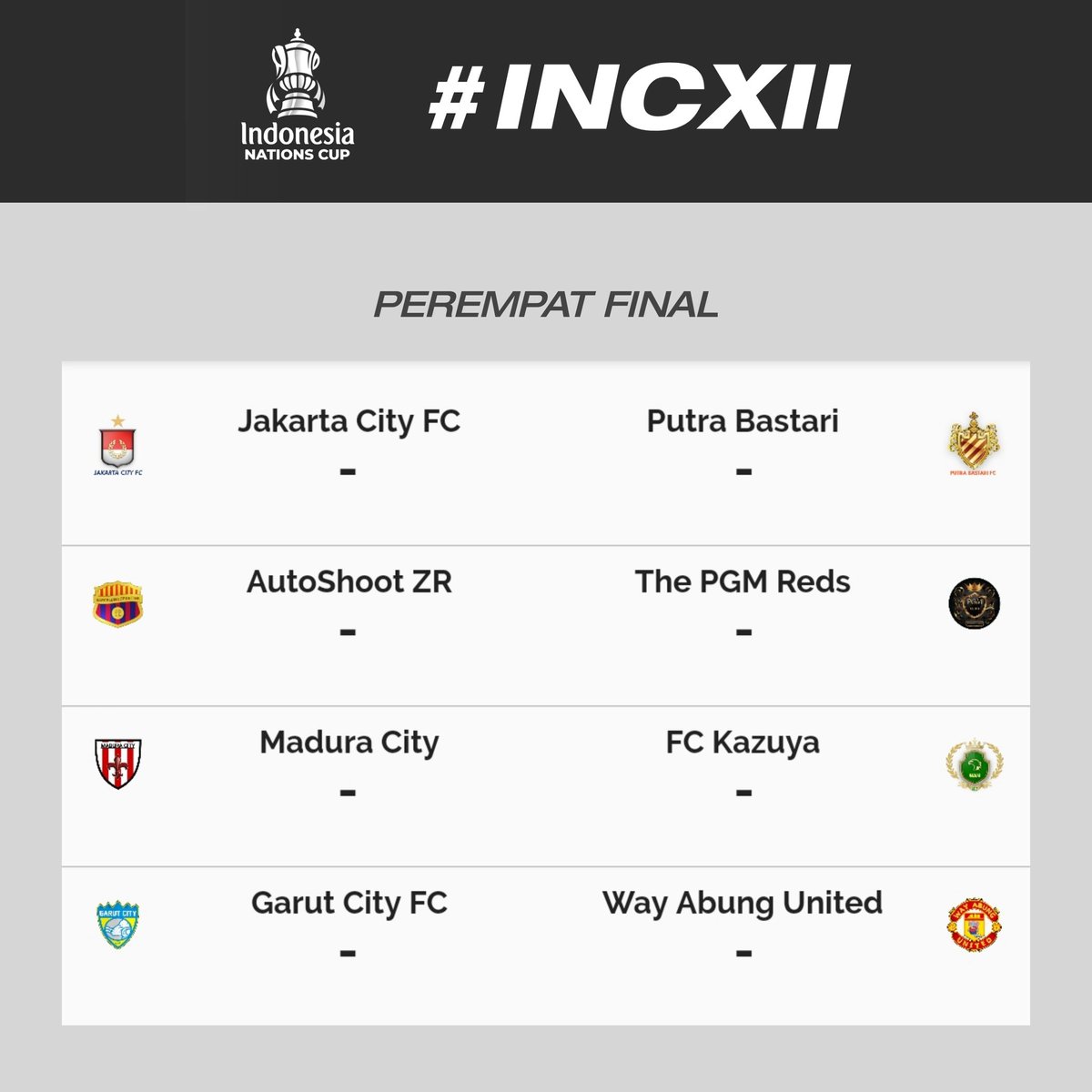INC_LTEI's tweet photo. Jadwal babak perempat final #INCXII
dimulai hari ini (8 s/d 9 feb)
@LigaTopEleven @Liga2TEI @Liga3TEI https://t.co/yhsiboCkqQ