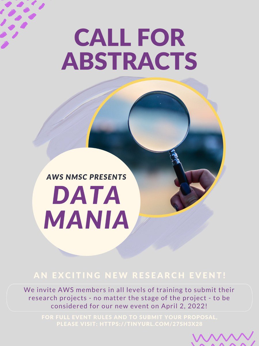 WomenSurgeons's tweet photo. Presenting AWS NMSC Data Mania—an exciting research opportunity! We invite AWS trainees to submit 300 word abstracts to be considered for a LIVE, virtual (INTER)NATIONAL presentation on 4/2/2022. 

Deadline 2/25/2022 @ 23:59 ET. 

Rules and submission: https://t.co/iHmApPETOi https://t.co/Z4ii2cnzoN