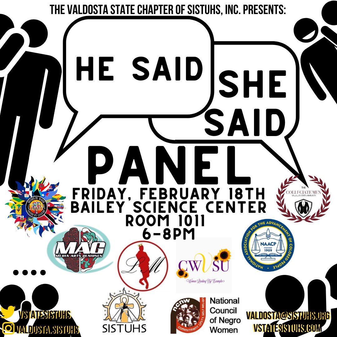 VstateSISTUHS's tweet photo. We would like to warmly invite you to our He Said, She Said Panel on Friday, February 18th from 6-8 pm! 
We will discuss stereotypes and dating as Black people/minorities while also creating conversation regarding the commonalities of being raised in those same environments. https://t.co/UEoPuSac7K