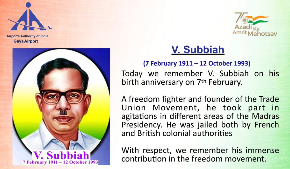 aaigayaairport's tweet photo. #AAI's #GayaAirport pays humble tribute to the great #FreedomFighter V.#Subbiah on his birth anniversary. He was the founder of the trade union movement. He also took part in agitations in different areas of the madras presidency.
#AzadiKaAmritMahotsav
@aairhqer @AAI_Official https://t.co/qvi5bVD2UJ