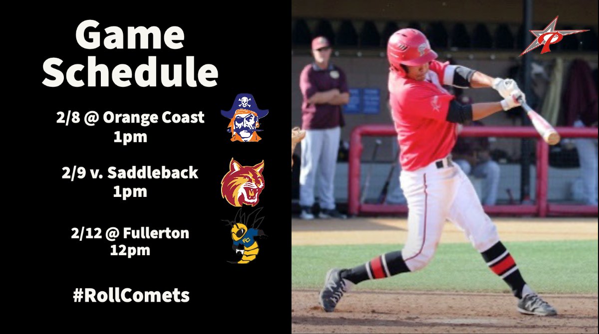 Palomar College Baseball (@palomarbaseball) on Twitter photo 3 games on tap this week for the #comets
Tues <a href="/occ_baseball/">Orange Coast College Baseball</a>
📍Costa Mesa, CA
🏟️ John Altobelli Park
⏰ 1pm
Wed v. <a href="/saddleback_bb/">Saddleback Baseball</a>
📍San Marcos, CA
⏰ 1pm
Sat <a href="/full_hornet/">FullHornetBaseball</a>
📍Fullerton, CA
⏰ 12pm
#RollComets 3 games on tap this week for the #comets
Tues <a href="/occ_baseball/">Orange Coast College Baseball</a>
📍Costa Mesa, CA
🏟️ John Altobelli Park
⏰ 1pm
Wed v. <a href="/saddleback_bb/">Saddleback Baseball</a>
📍San Marcos, CA
⏰ 1pm
Sat <a href="/full_hornet/">FullHornetBaseball</a>
📍Fullerton, CA
⏰ 12pm
#RollComets