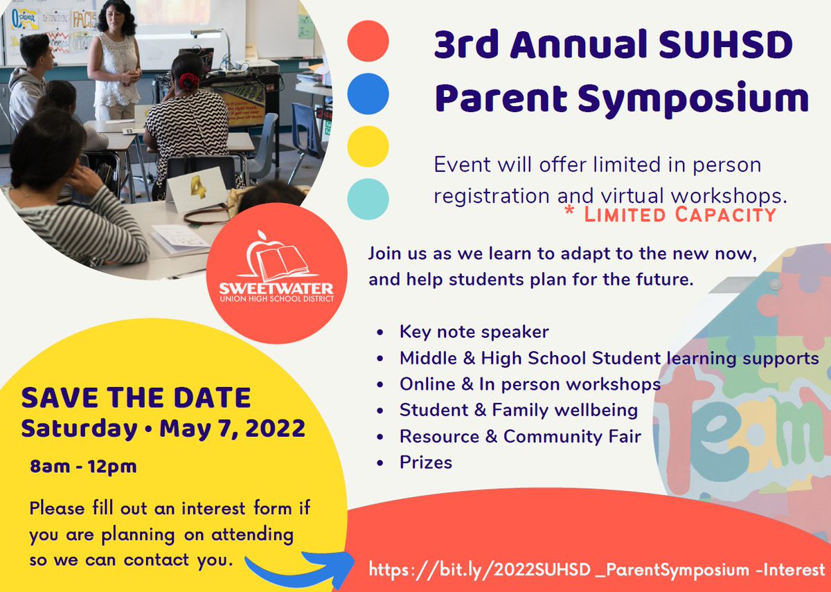 SUHSD parents, save the date for our 3rd SUHSD Parent Symposium, Saturday May 7, 8:00a-12p. This event will offer limited in person capacity and multiple online workshops, college &amp; career, resource, and community fair.