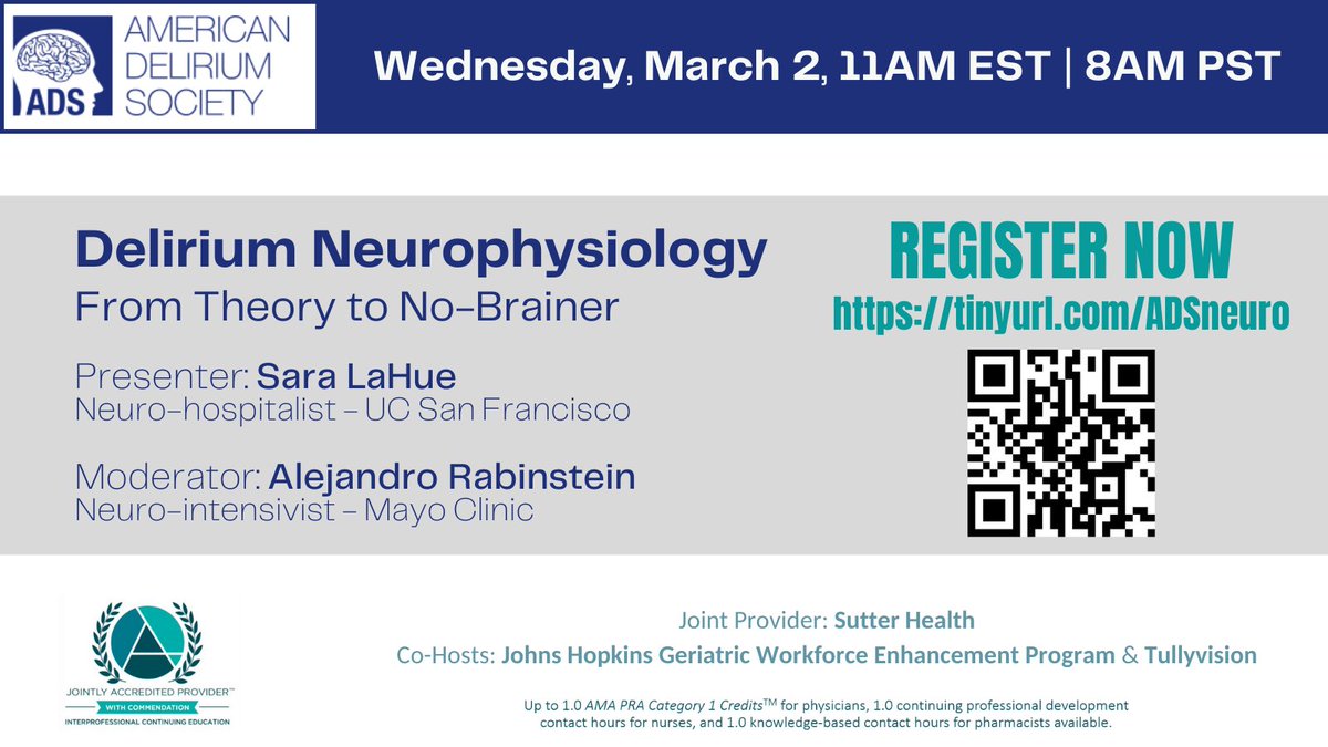 American Delirium Society (@amerdelirium) on Twitter photo From neurons to networks, the neurophysiology of #delirium
Join the next <a href="/AmerDelirium/">American Delirium Society</a> webinar & learn from experts @SaraLahue & Dr. Rabinstein
Wed, March 2, 2022 11AM EST | 8AM PST
Free to register: tinyurl.com/adsneuro
Offering 1h CE/CME
#AmerDeliriumResearch #WDAD2022 From neurons to networks, the neurophysiology of #delirium
Join the next <a href="/AmerDelirium/">American Delirium Society</a> webinar & learn from experts @SaraLahue & Dr. Rabinstein
Wed, March 2, 2022 11AM EST | 8AM PST
Free to register: tinyurl.com/adsneuro
Offering 1h CE/CME
#AmerDeliriumResearch #WDAD2022