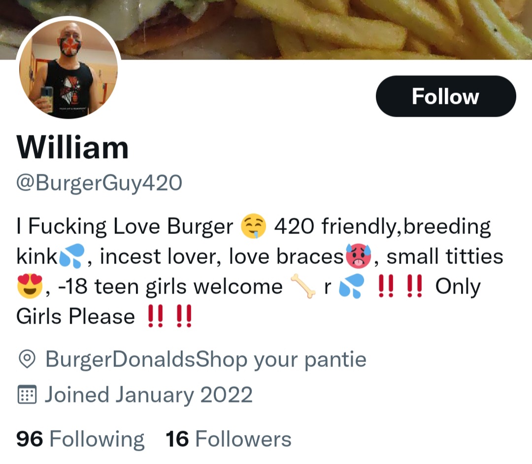 An0n_lucky40's tweet photo. @Twitter @TwitterSafety @FBI @burgerguy420 We're just going to ignore the constant reports about this pedophile here? He follows children, post videos of himself playing with his thumb. Talks sexually to children but nothing happens. Why is that? #anonymous https://t.co/Lr0xtkuoxz