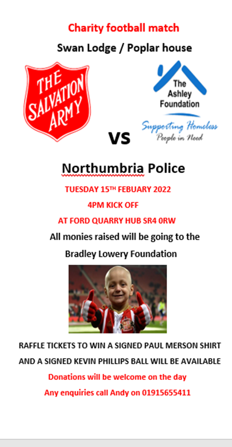 Bradleysfight's tweet photo. The amazing guys from Salvation Army  and Poplar house and Northumbria Police are holding a charity Football Match for BLF on 15th February. 
The match will be held at the Ford Quarry Hub in Sunderland from 4pm

We can't thank everyone involved enough for their amazing support ❤ https://t.co/JAweqjSuzI